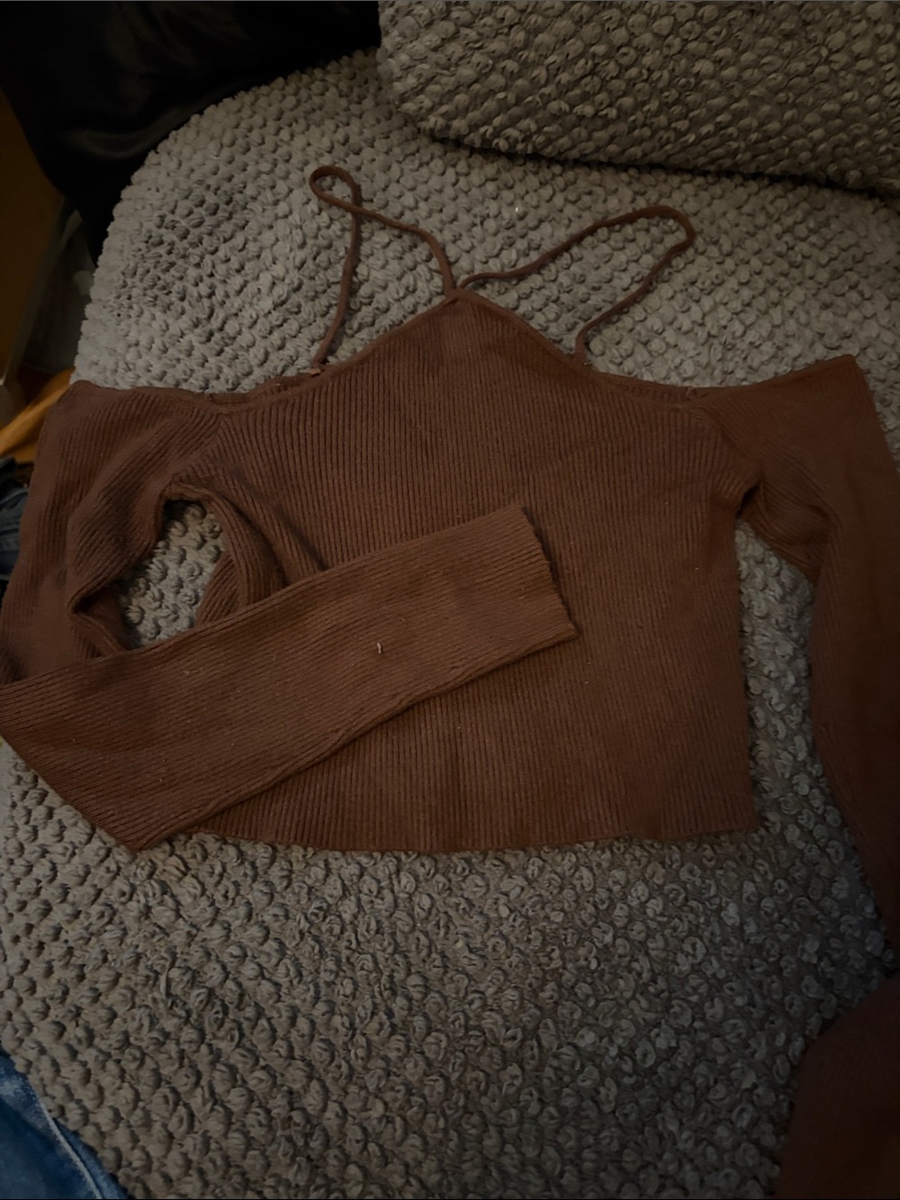 Active USA Brown Off-the-Shoulder Ribbed Sweater with Straps